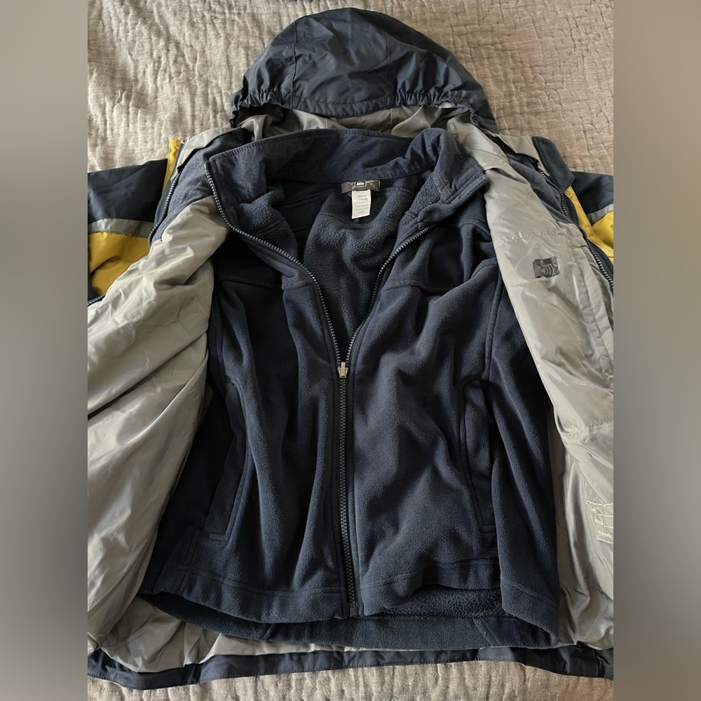 REI Boy's Blue Yellow Retro Hooded Zip Up Jacket Blue Flannel Insert Sz L 14/16 - Picture 7 of 16